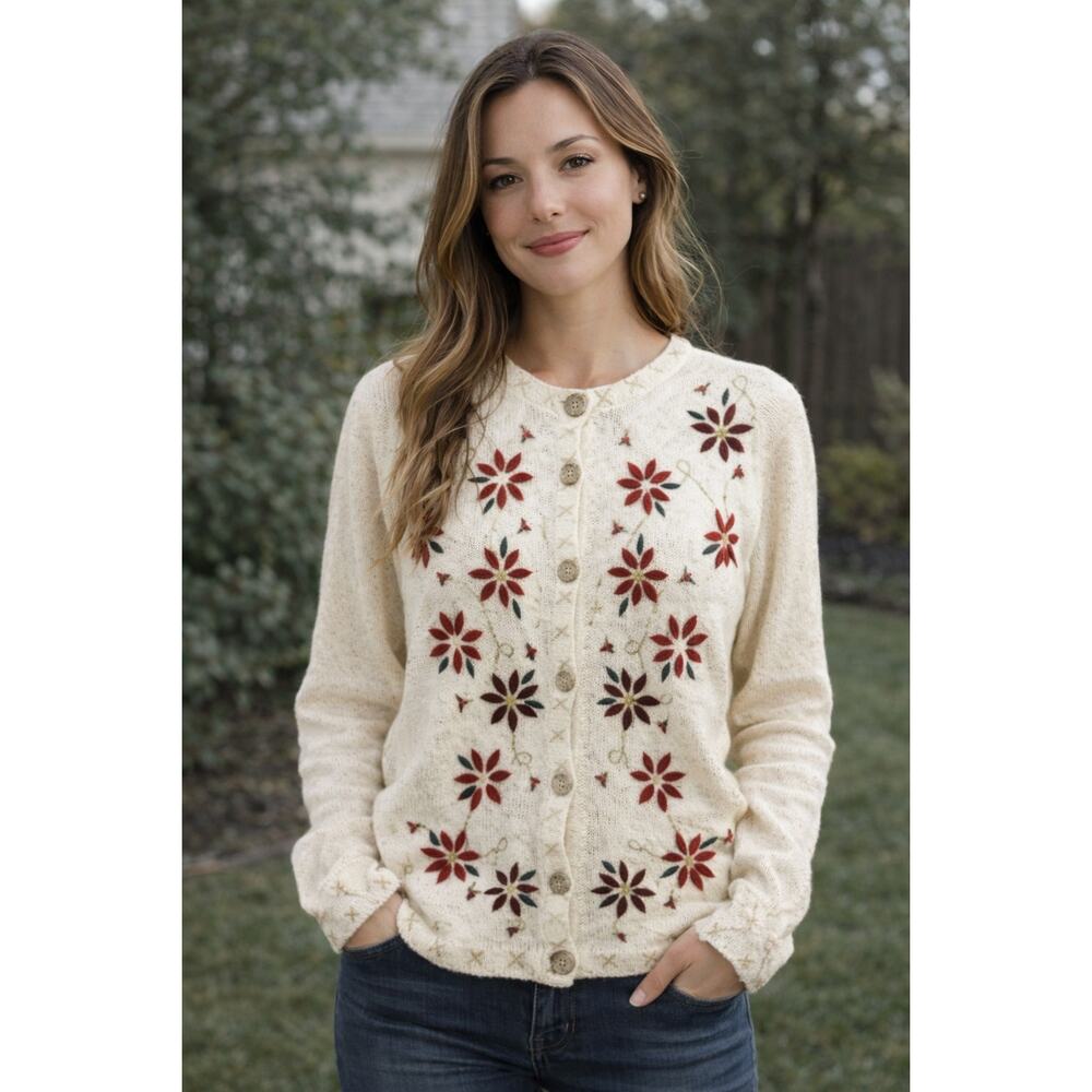 One Resource Floral Cardigan Sweater Cream Button Up Embroidered 2X